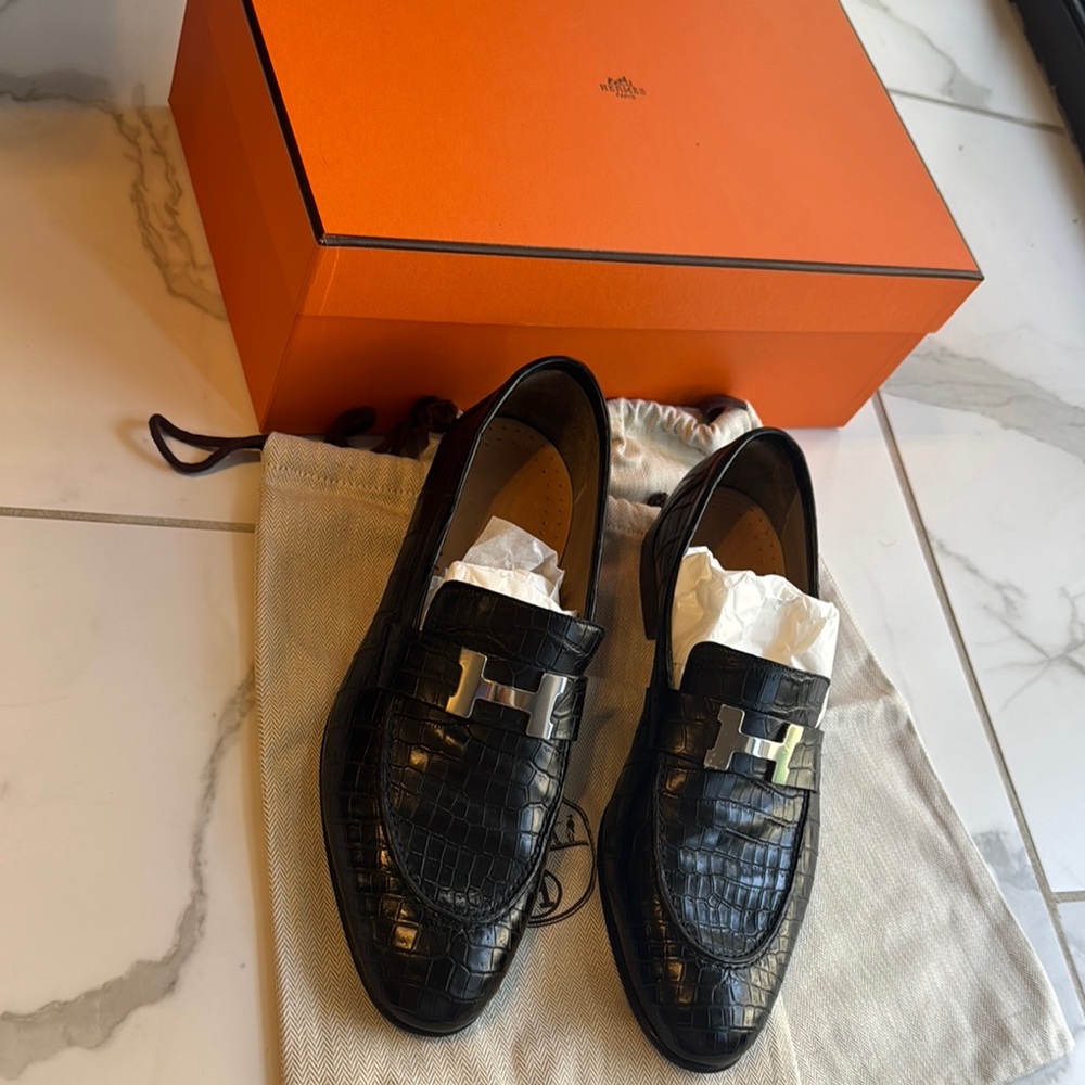 Hermes Full Croc Paris Crocodile Black Leather Loafers